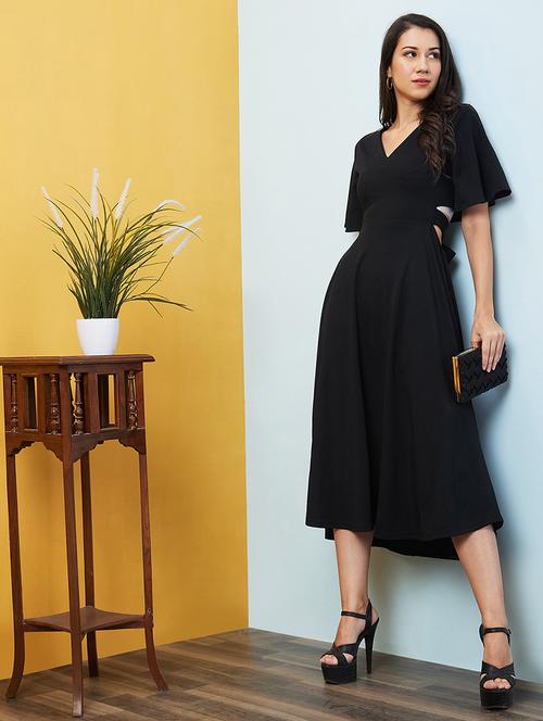 black solid fit & flare dress - 20646106 - Standard Image - 0