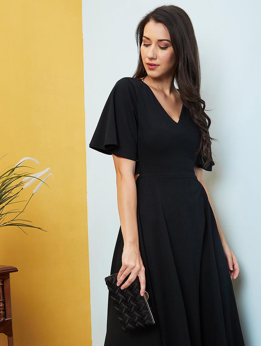 black solid fit & flare dress - 20646106 - Standard Image - 3