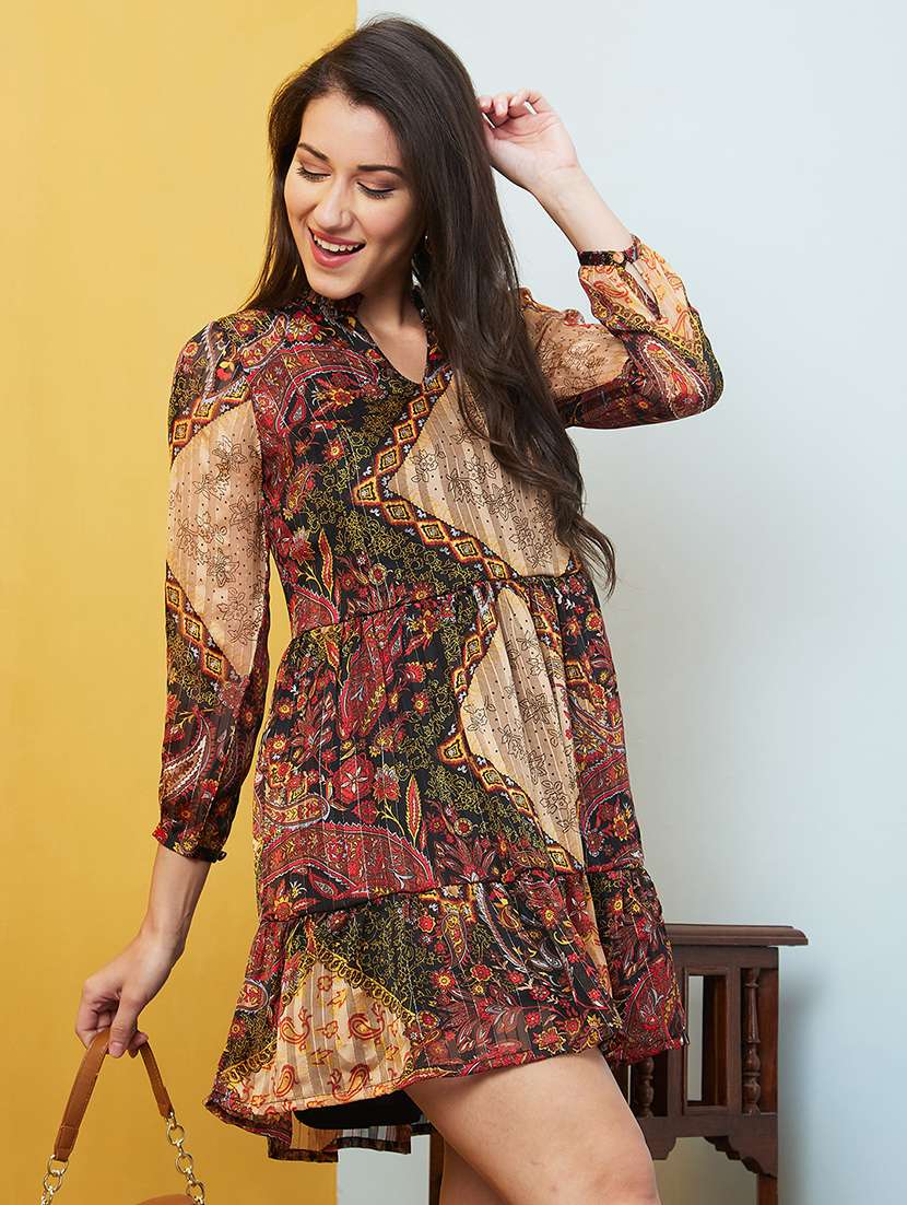 globus women multi black mandarin collar ethnic prints gathered fit & flare mini party dress - 20646109 -  Standard Image - 3
