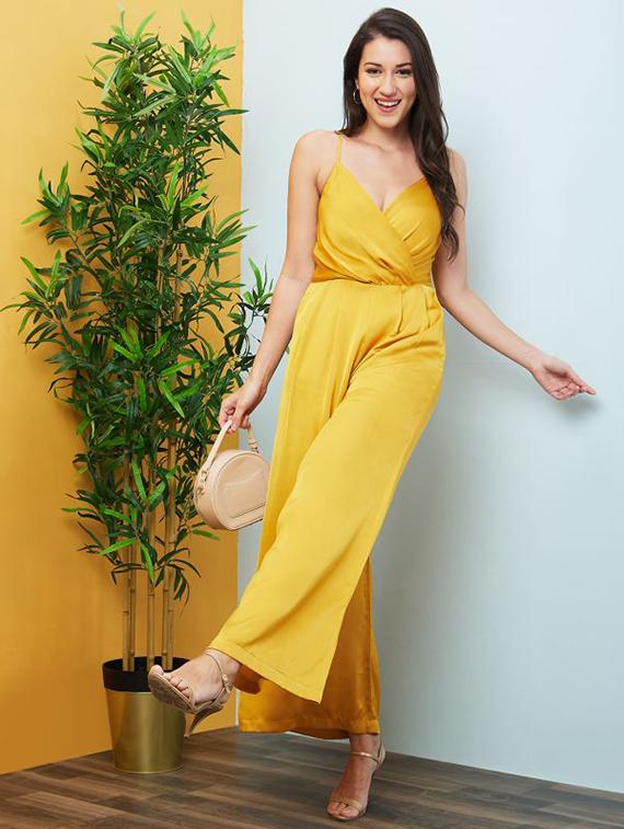 globus women yellow adjustable strappy shoulder wrap neck flared hem party jumpsuit - 20646111 - Zoom Image - 0
