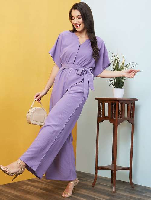 Globus Women Lavender Round Neck With V Cut & Kimono Sleeves Waist Tie Up Longline Jumpsuit