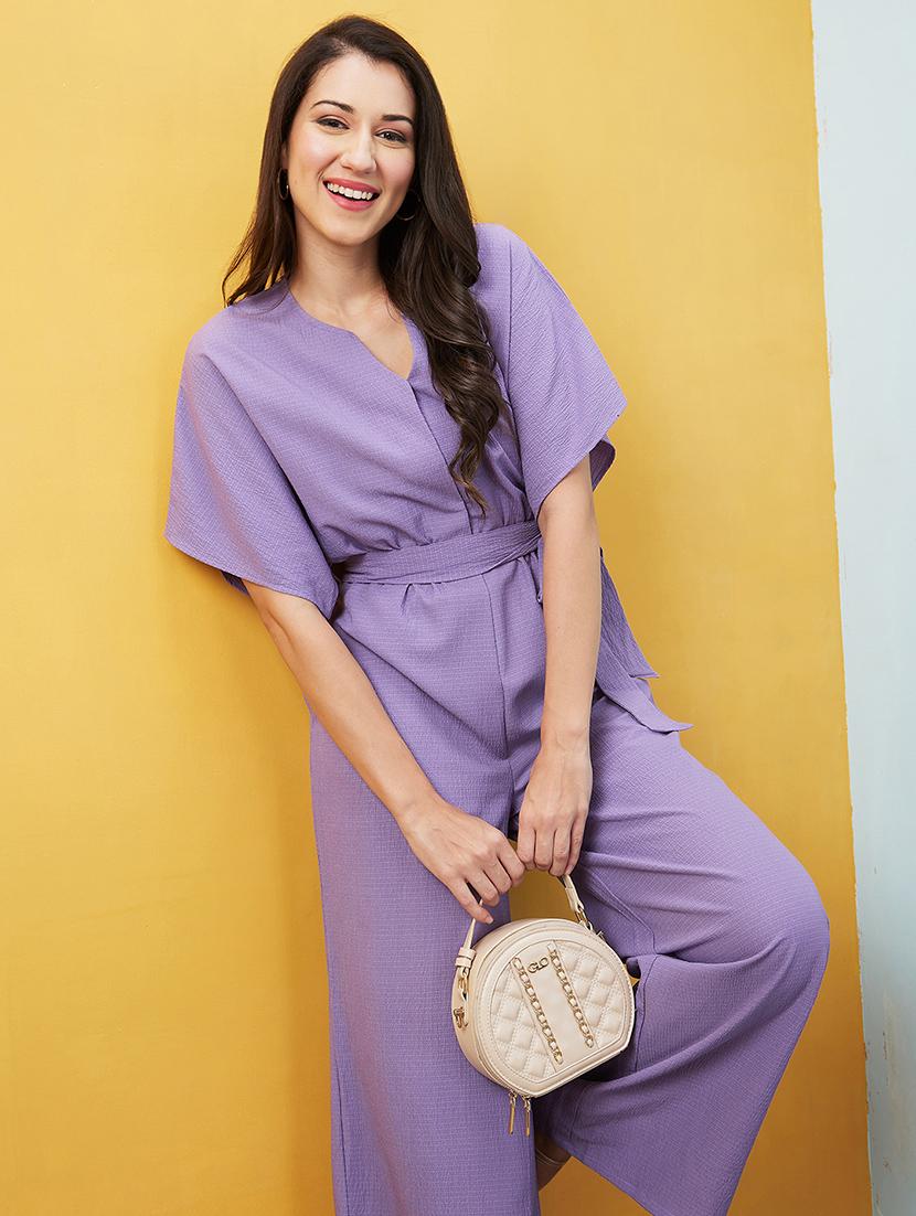 globus women lavender round neck with v cut & kimono sleeves waist tie-up longline jumpsuit - 20646112 - Standard Image - 3