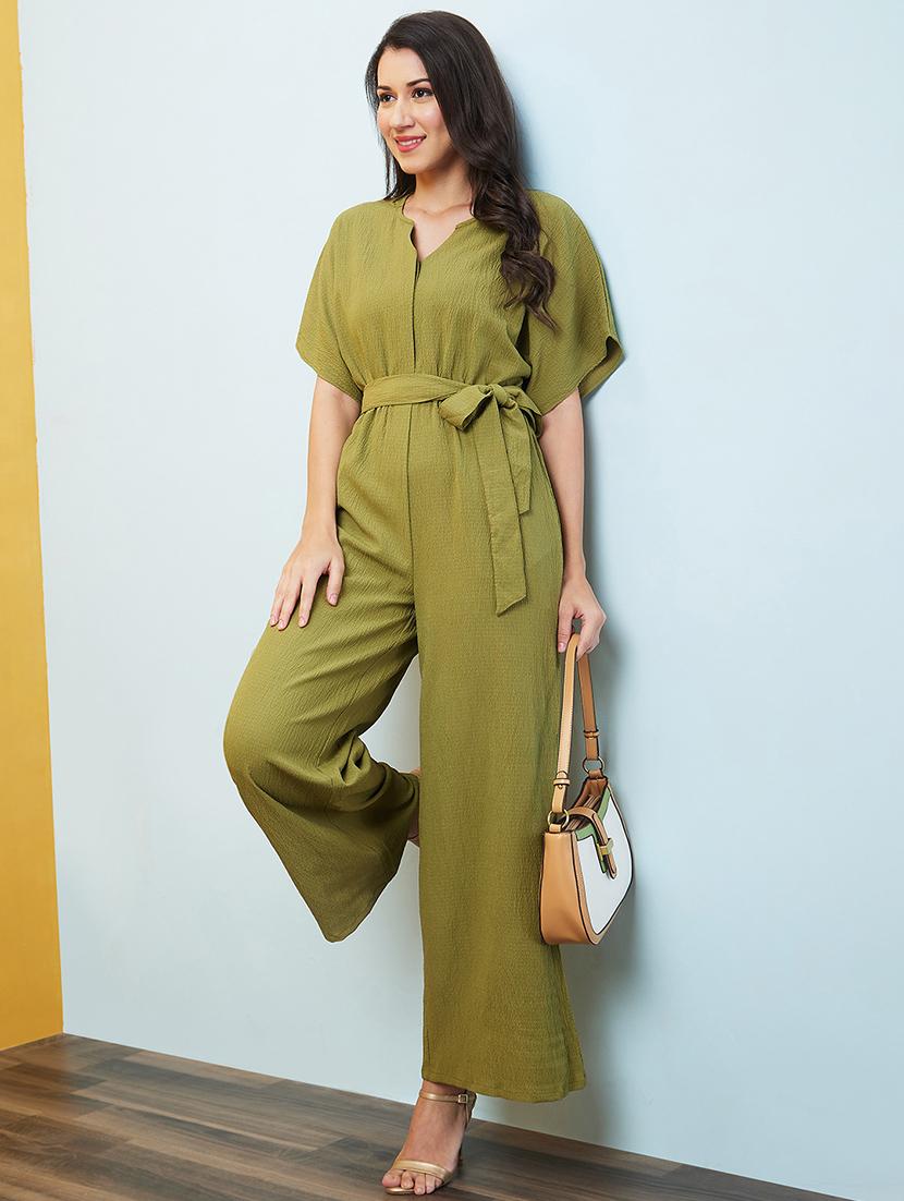 globus women green round neck with v cut kimono sleeves waist tie-up longline jumpsuit