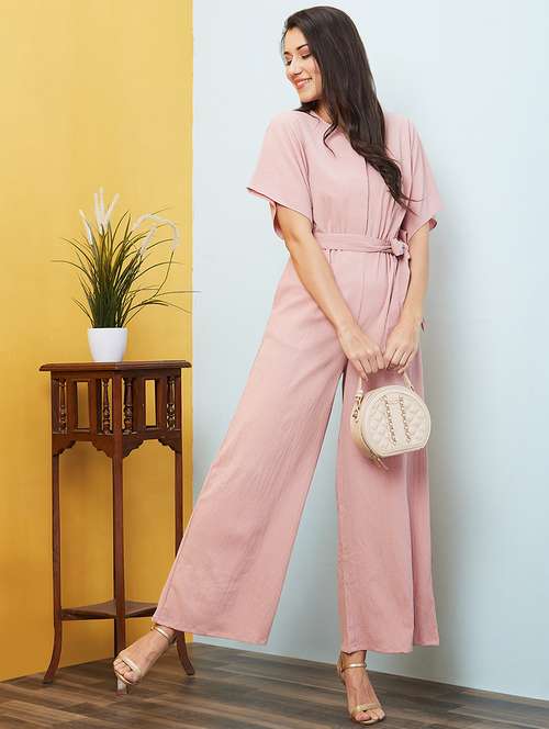 globus women pink round neck with v cut kimono sleeves waist tie-up longline jumpsuit - 20646114 -  Standard Image - 0
