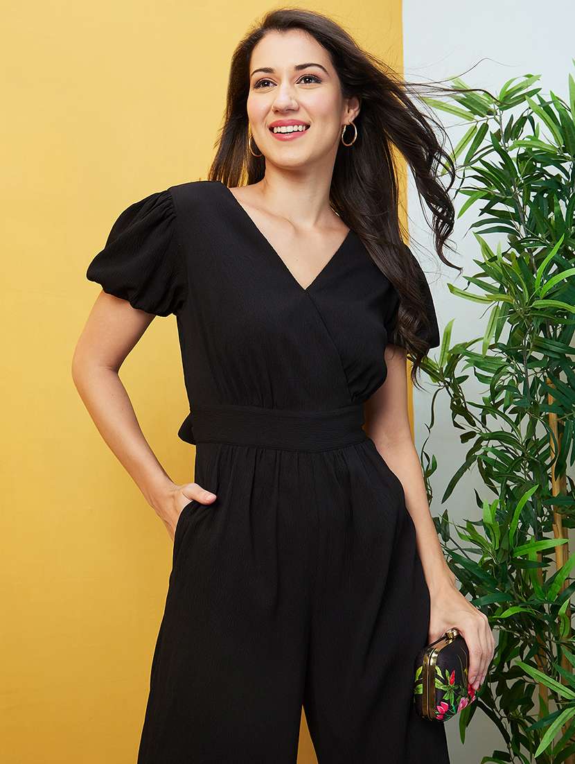 globus women black wrap neck puff sleeves gathered waist tie-up jumpsuit - 20646115 -  Standard Image - 3