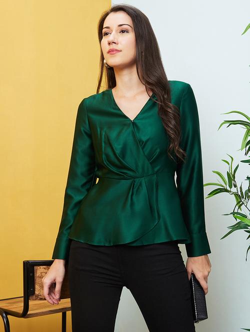 globus women green long cuffed sleeves v-neck wrap party top - 20646124 - Standard Image - 0