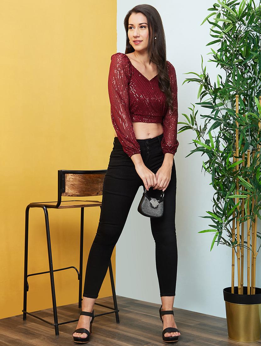 globus women maroon wrap neck raglan sleeves sequinned party crop top - 20646127 - Standard Image - 3