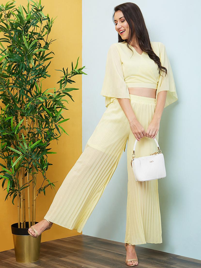 women light yellow solid top and palazzos set - 20646133 - Zoom Image - 0