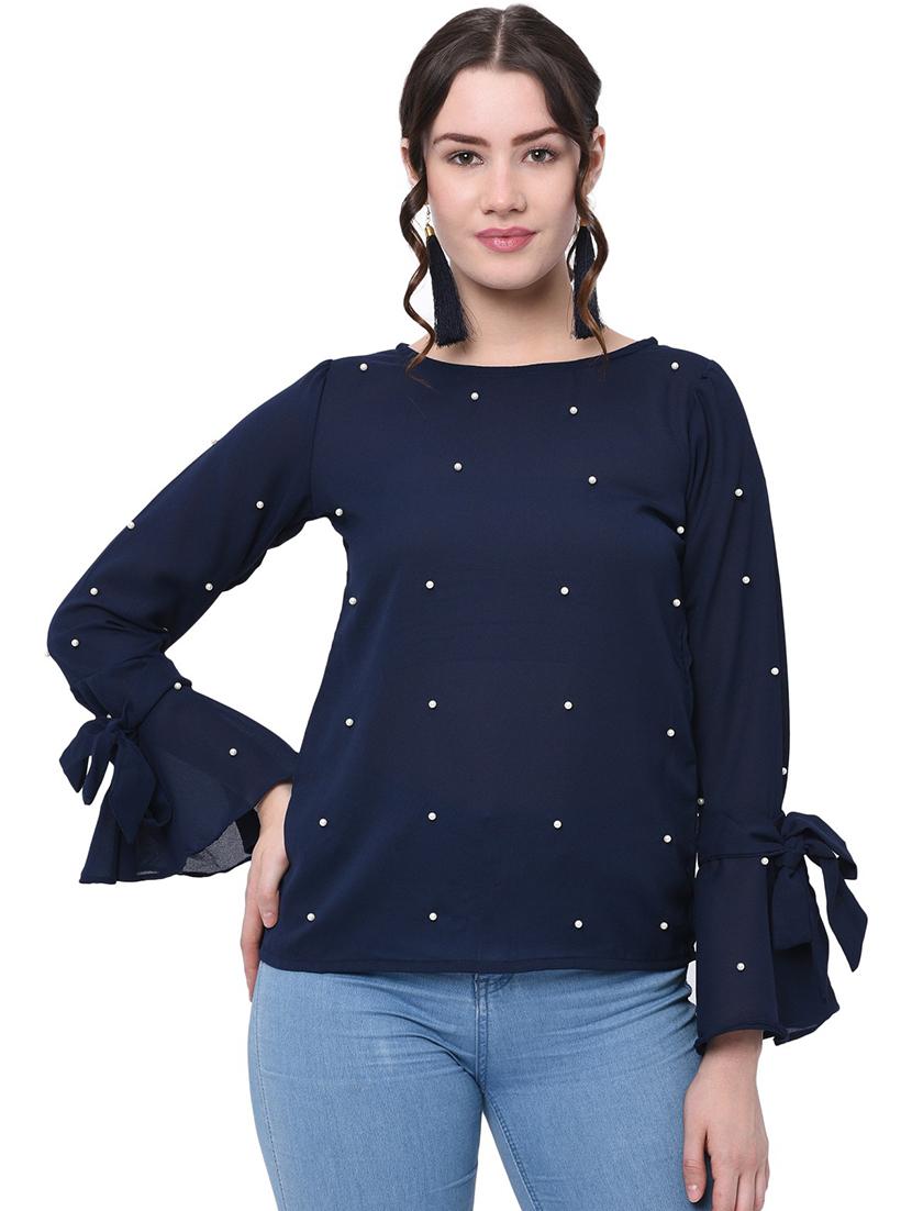 navy blue pearl embellished detailed regular top - 20646271 -  Zoom Image - 0