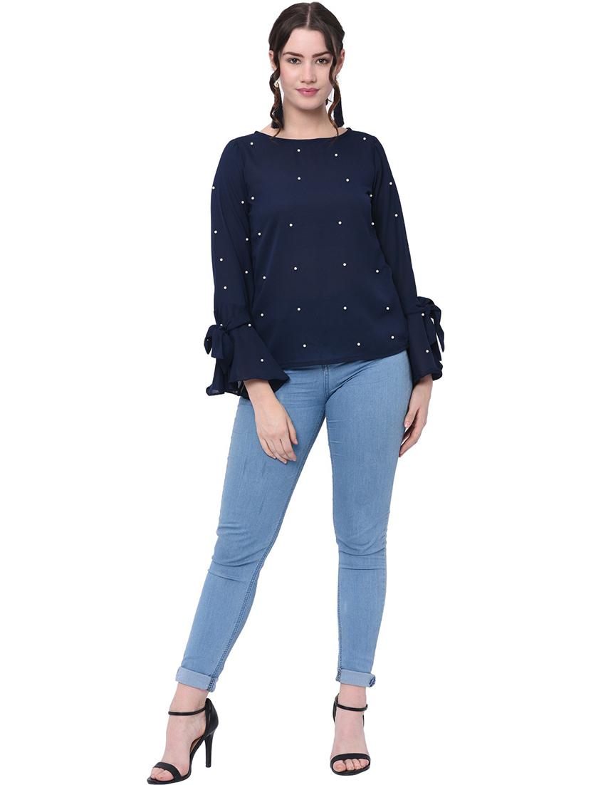 navy blue pearl embellished detailed regular top - 20646271 - Standard Image - 3