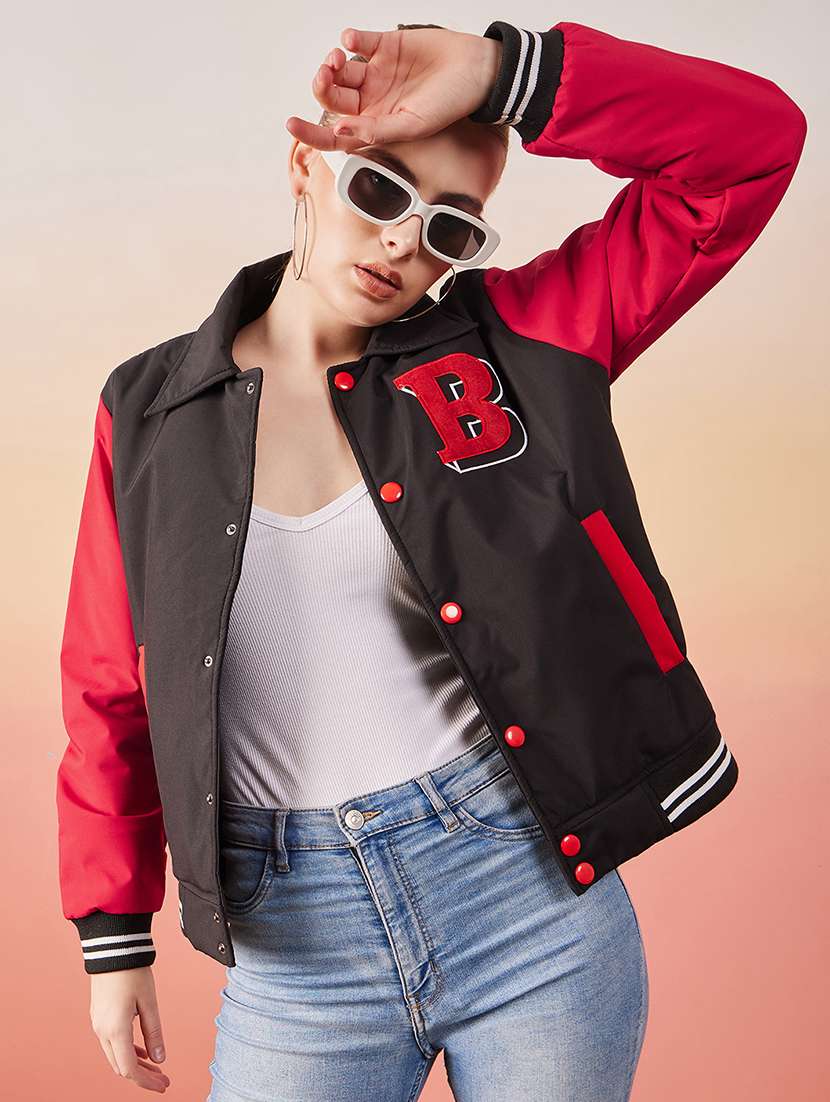 women black full sleeve varsity jacket  - 20646477 -  Standard Image - 3