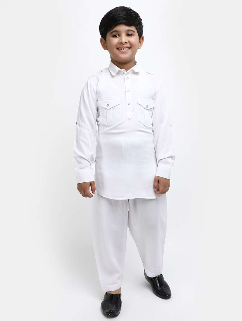 boys white solid kurta salwar set