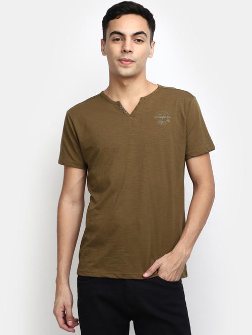 solid olive green detailed casual t-shirt - 20672542 - Standard Image - 0