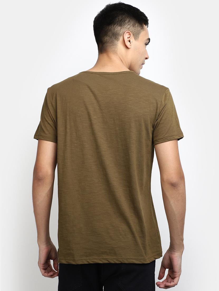 solid olive green detailed casual t-shirt - 20672542 - Standard Image - 3