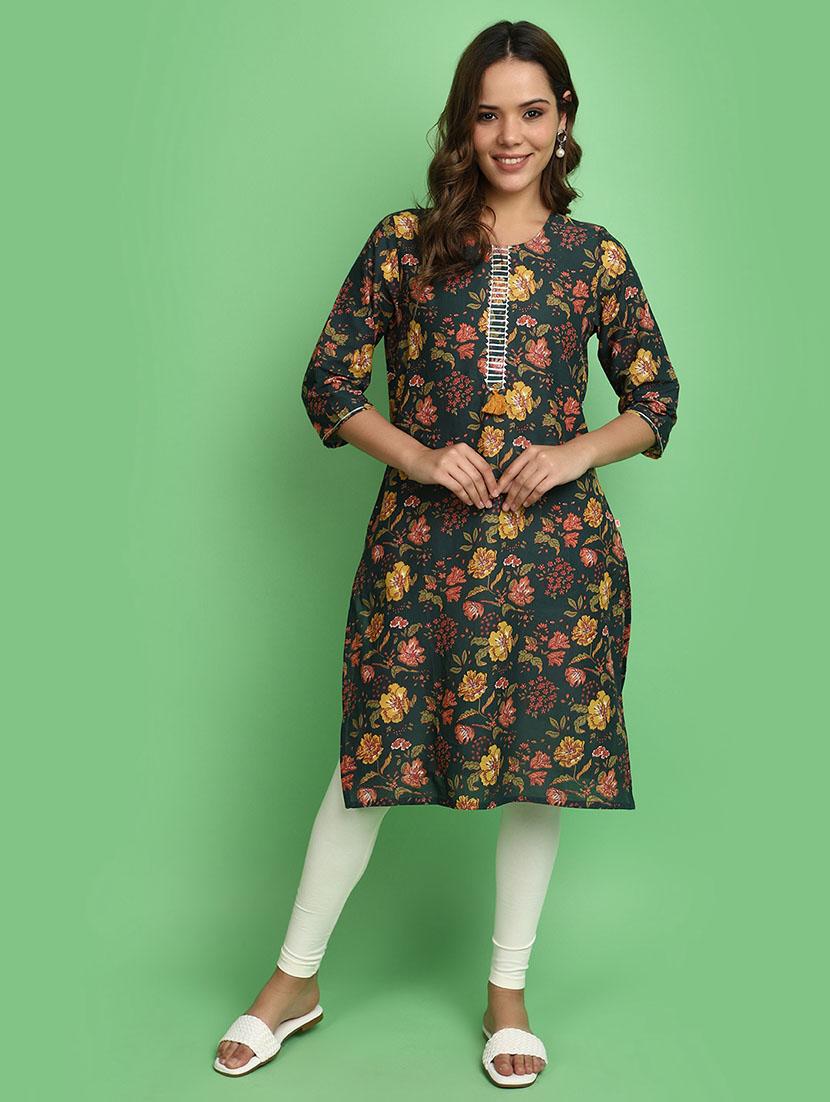 women bottle green round neck straight kurta - 20676503 - Zoom Image - 0
