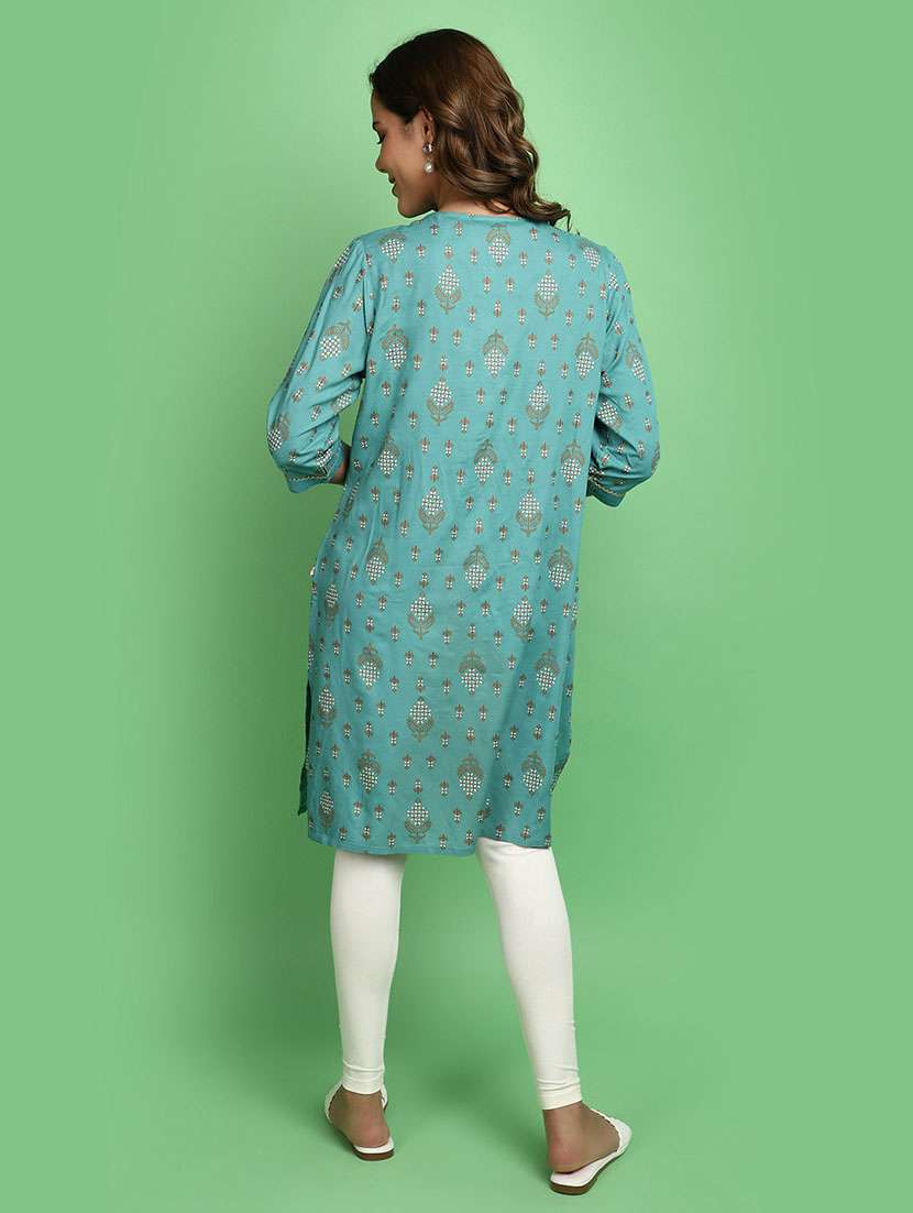 women turquoise notch neck straight kurta - 20676511 -  Standard Image - 3