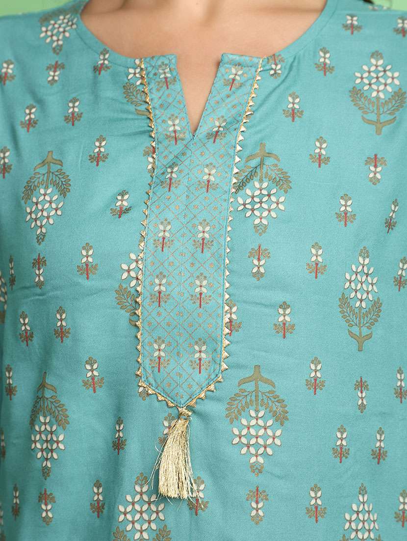 women turquoise notch neck straight kurta - 20676511 -  Standard Image - 5