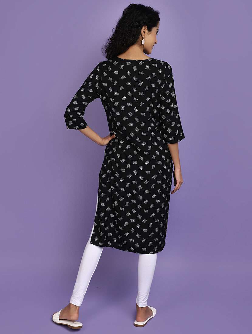 women black round neck straight kurta - 20676543 -  Standard Image - 3
