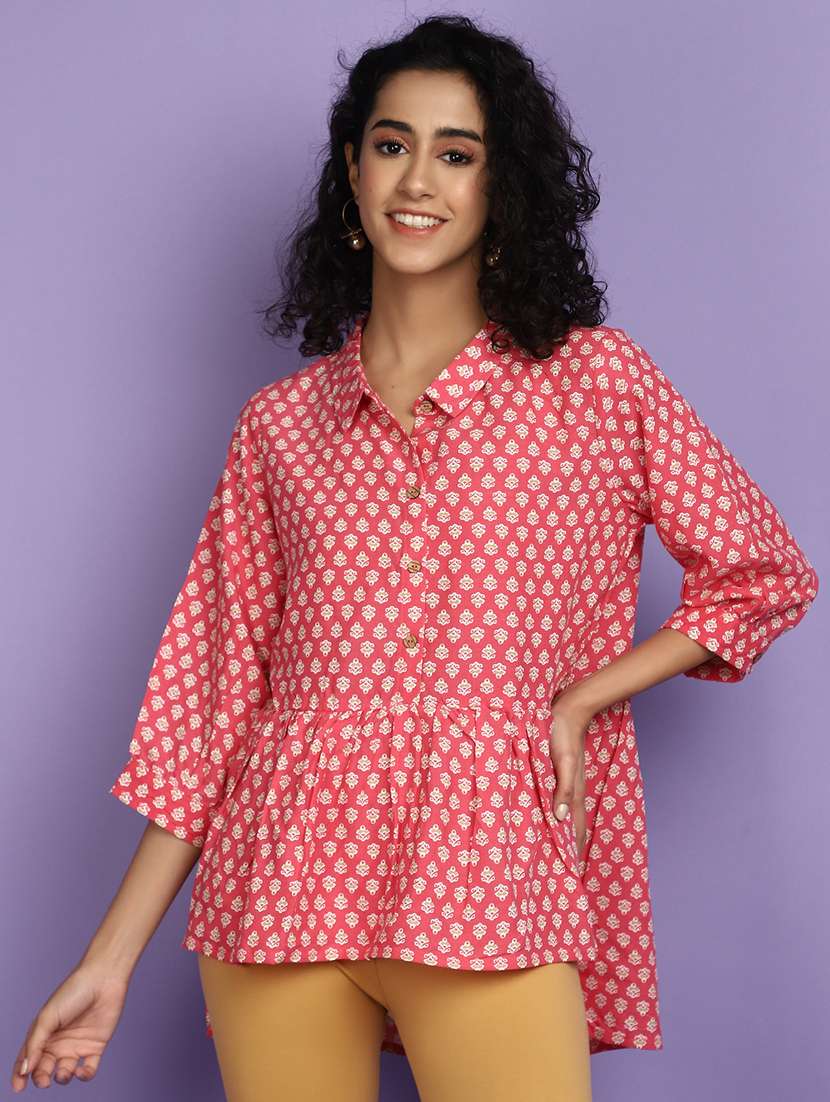 pink printed high low detailed kurti