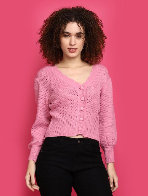 women pink self design cardigans - 20676777 - Standard Image - 0