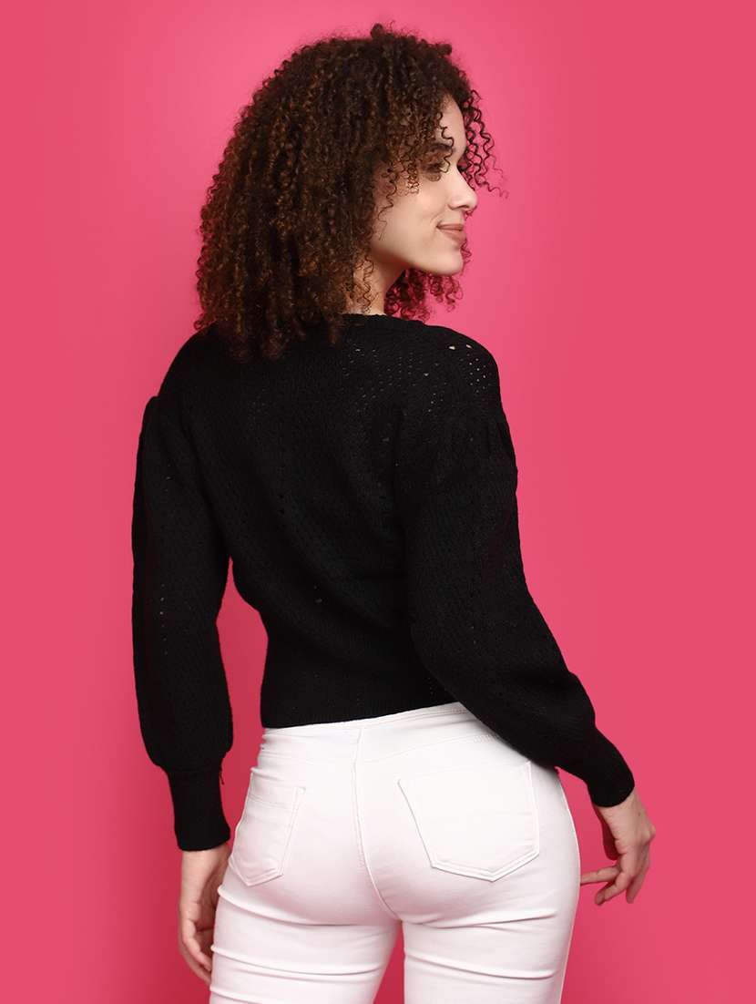 women black self design cardigans - 20676778 -  Standard Image - 3