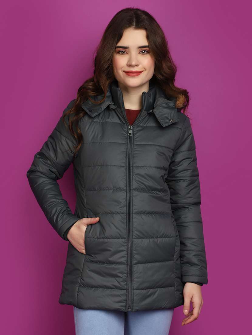women navy blue solid long sleeve quilted jacket
