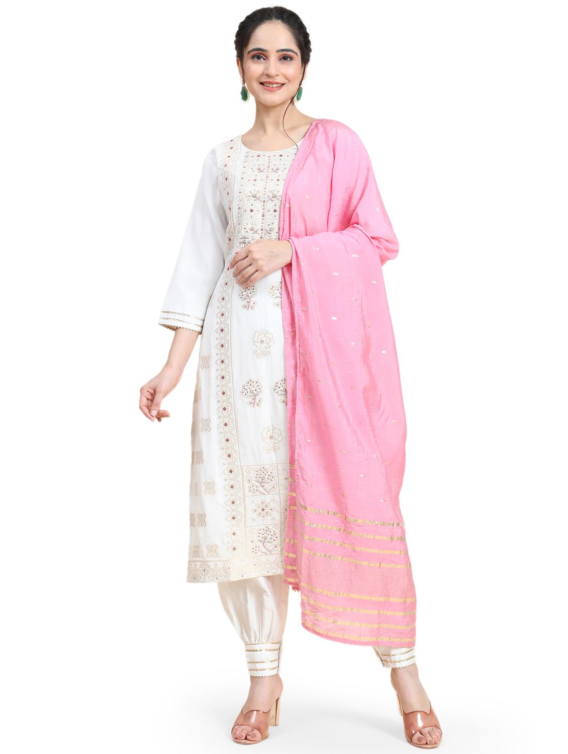 white three quarter sleeve kurta salwar set - 20683033 - Zoom Image - 0