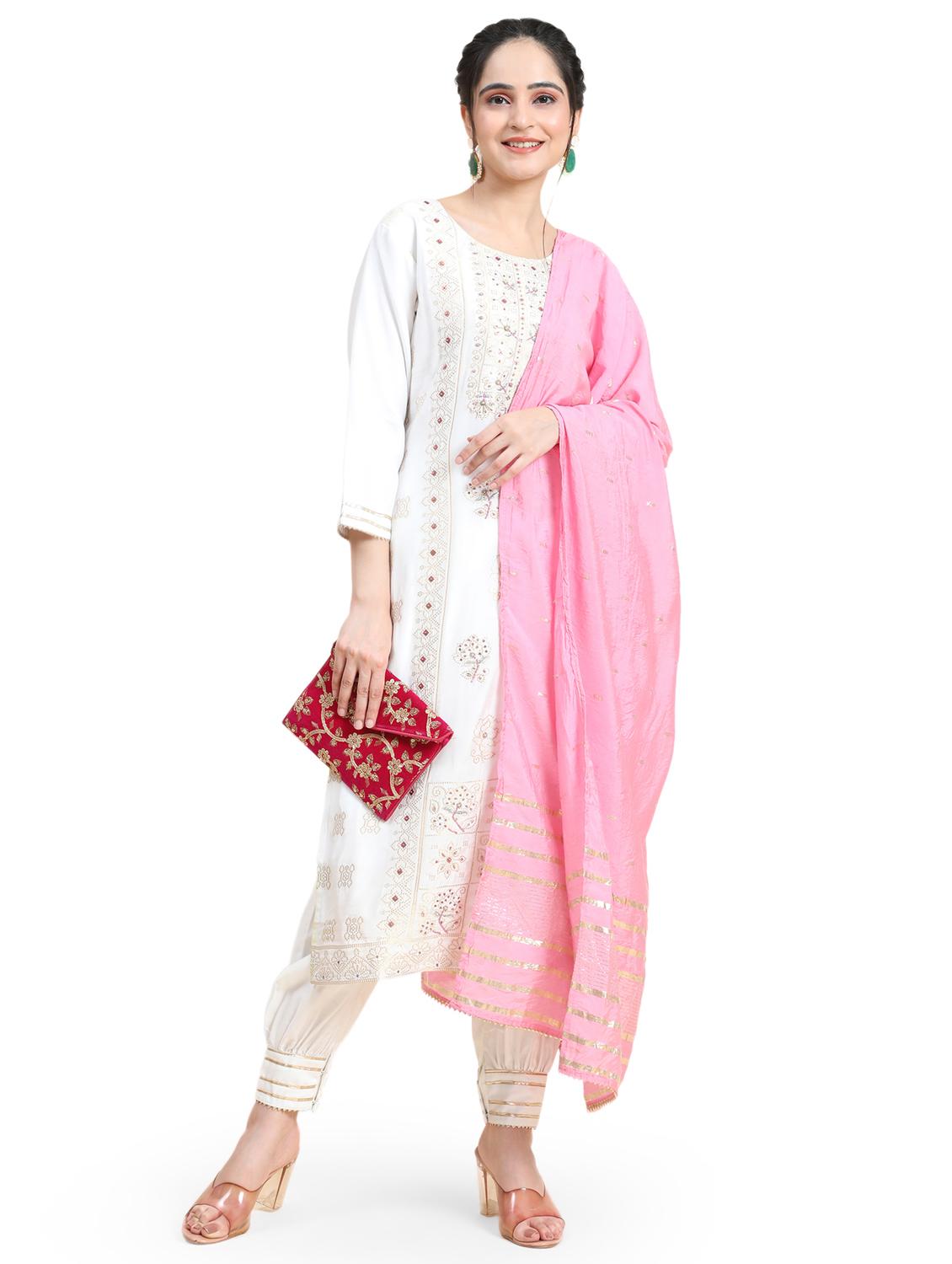 white three quarter sleeve kurta salwar set - 20683033 - Standard Image - 3