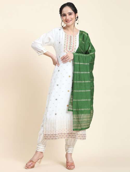 white three quarter sleeve kurta salwar set - 20683035 - Standard Image - 0