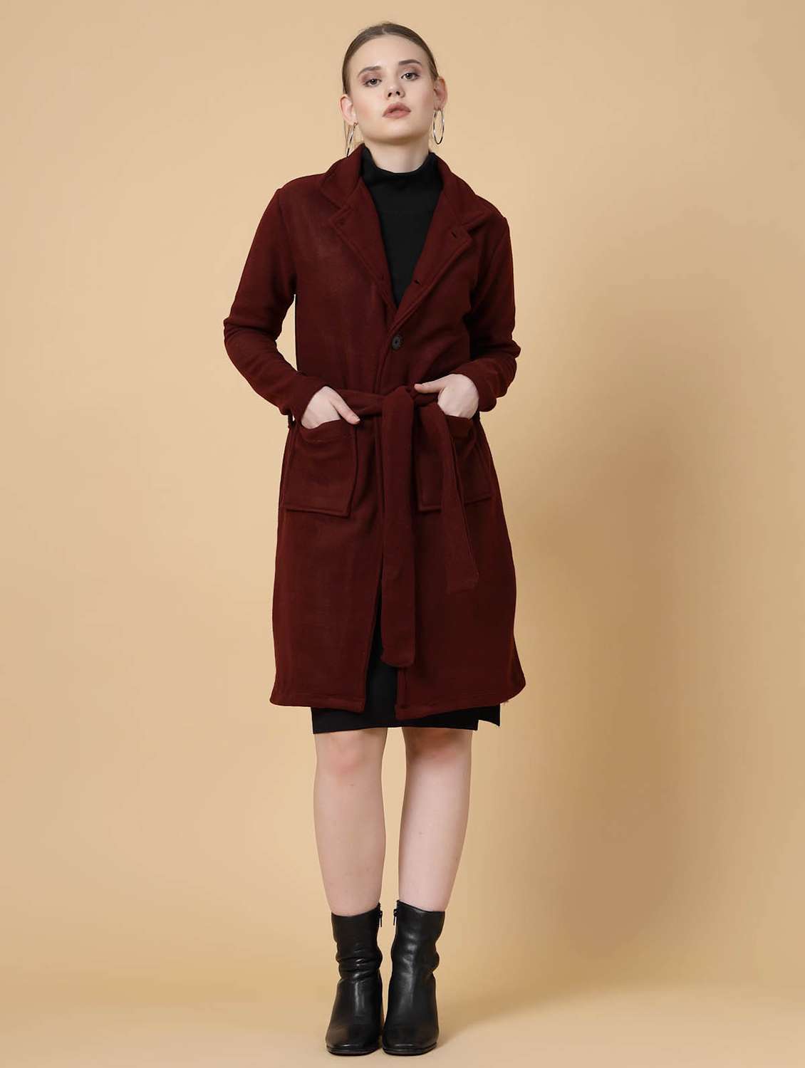 women solid lapel collar trench coat