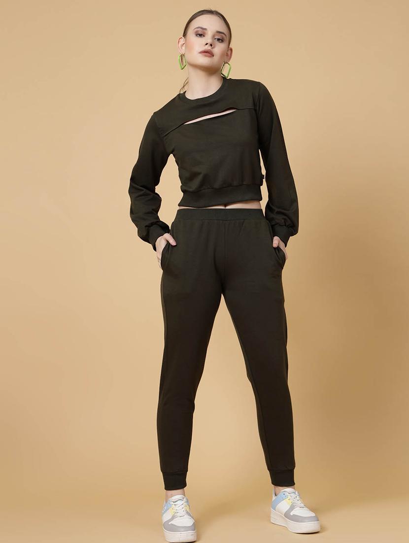 women olive solid full length trouser & t-shirt co-ord set - 20683139 -  Zoom Image - 0