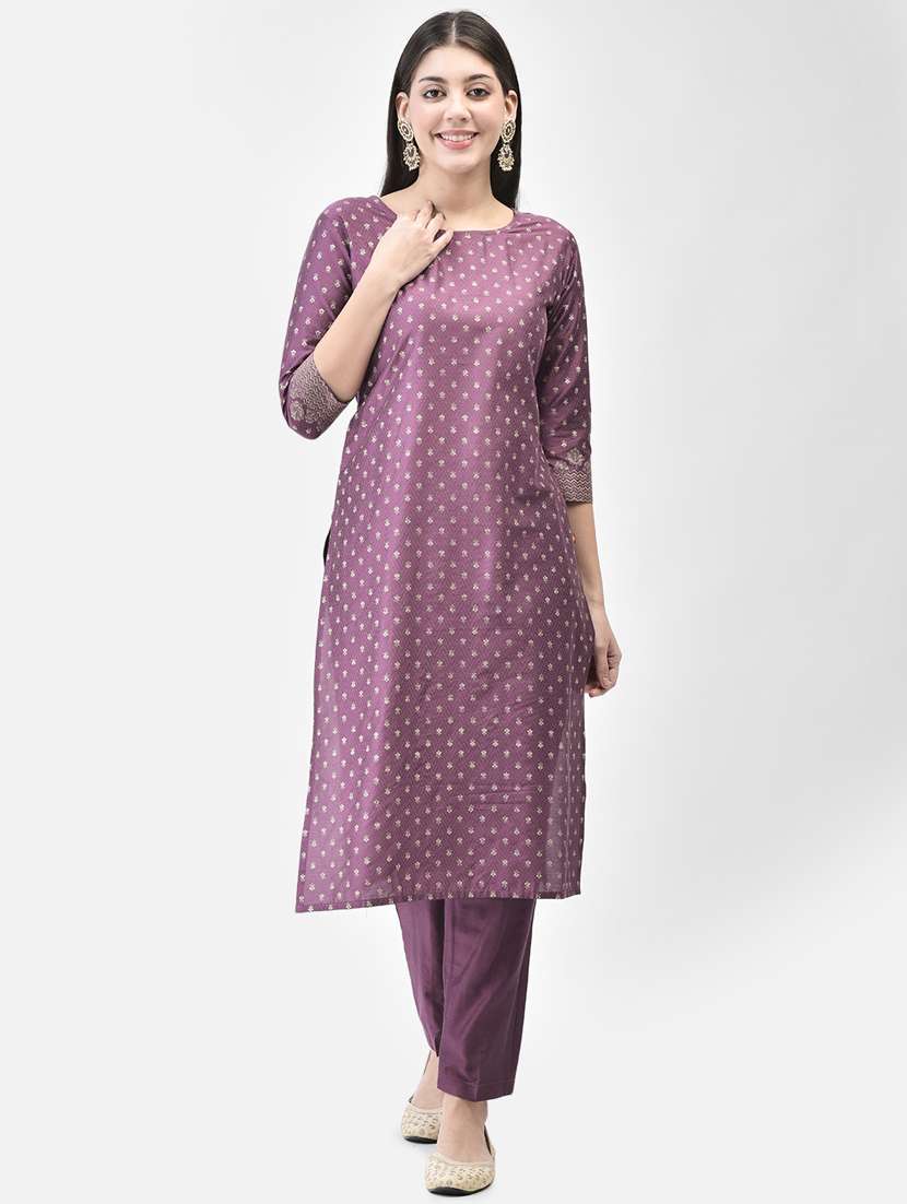 women purple round neck straight kurta