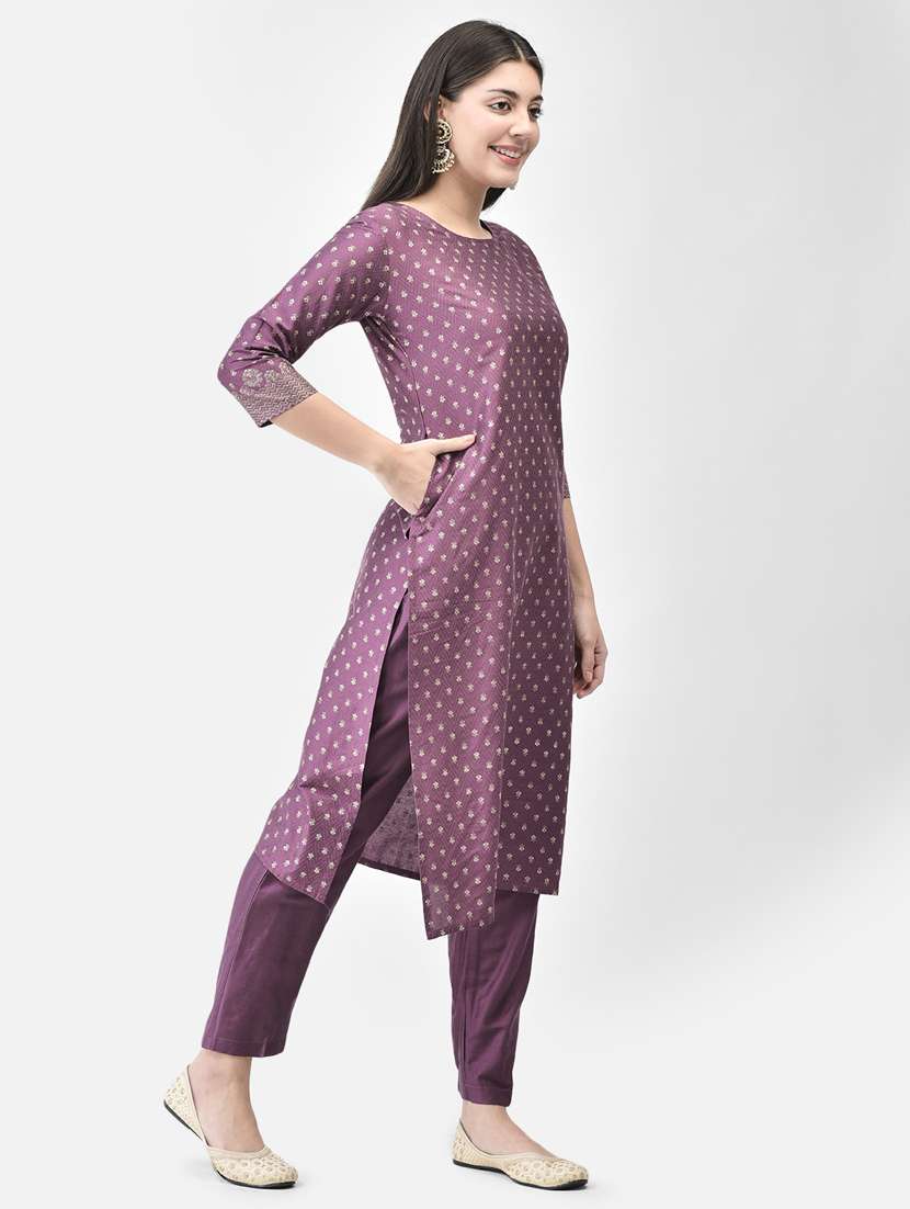 women purple round neck straight kurta - 20683349 -  Standard Image - 3