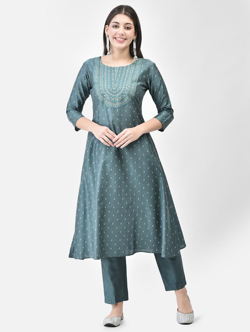 teal three quarter sleeve a-line kurta - 20683353 -  Zoom Image - 0