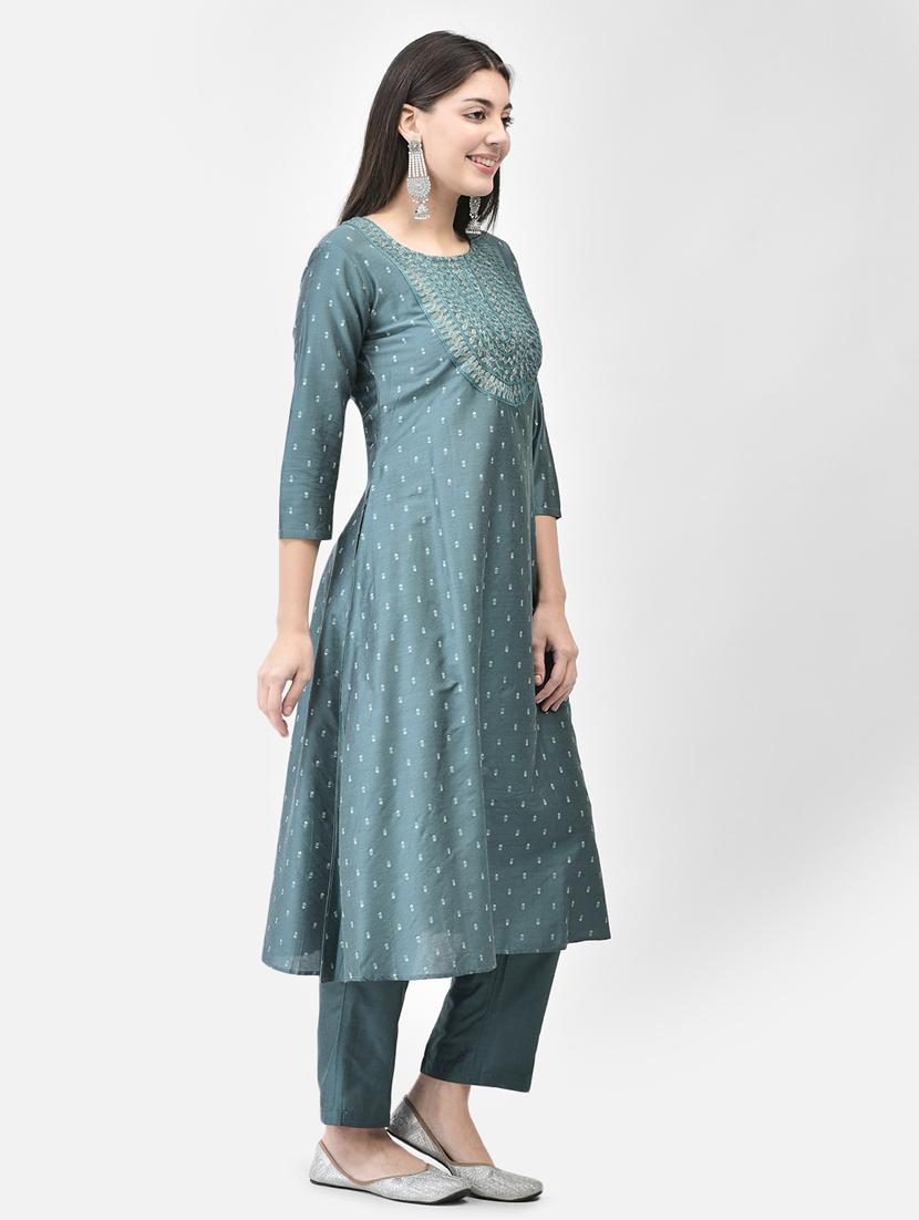 teal three quarter sleeve a-line kurta - 20683353 - Standard Image - 3