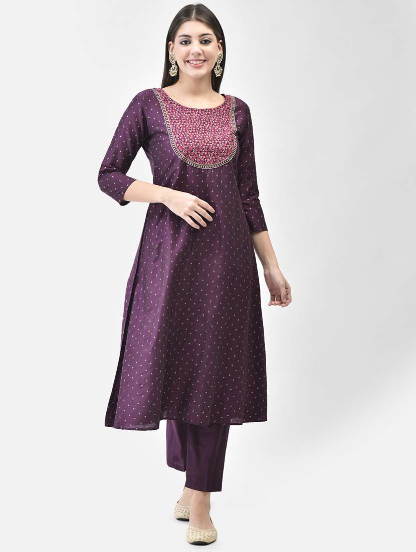 purple three quarter sleeve a-line kurta - 20683359 - Zoom Image - 0