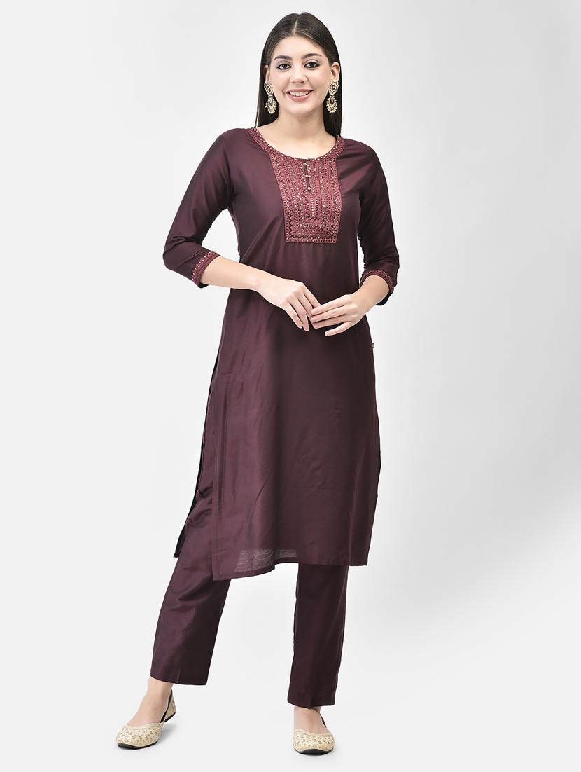 purple three quarter sleeve straight kurta - 20683364 -  Zoom Image - 0