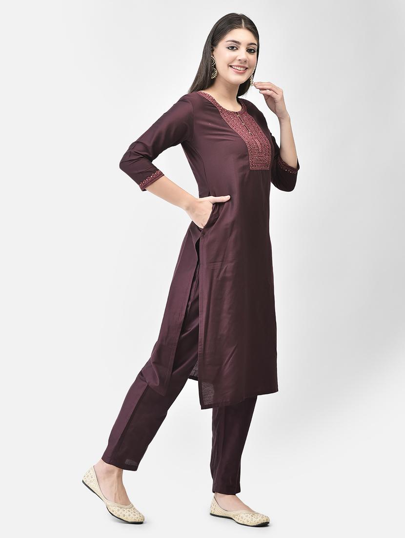 purple three quarter sleeve straight kurta - 20683364 - Standard Image - 3