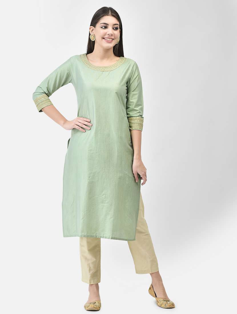 women green round neck straight kurta