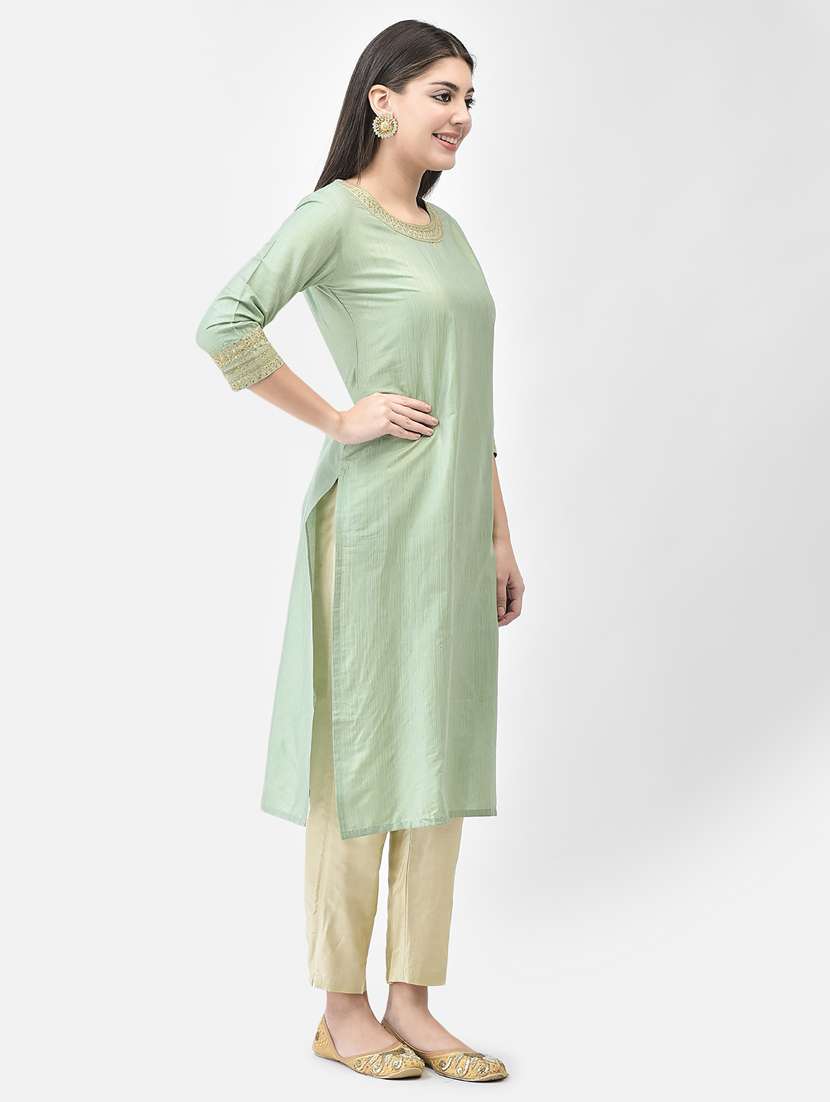 women green round neck straight kurta - 20683370 -  Standard Image - 3