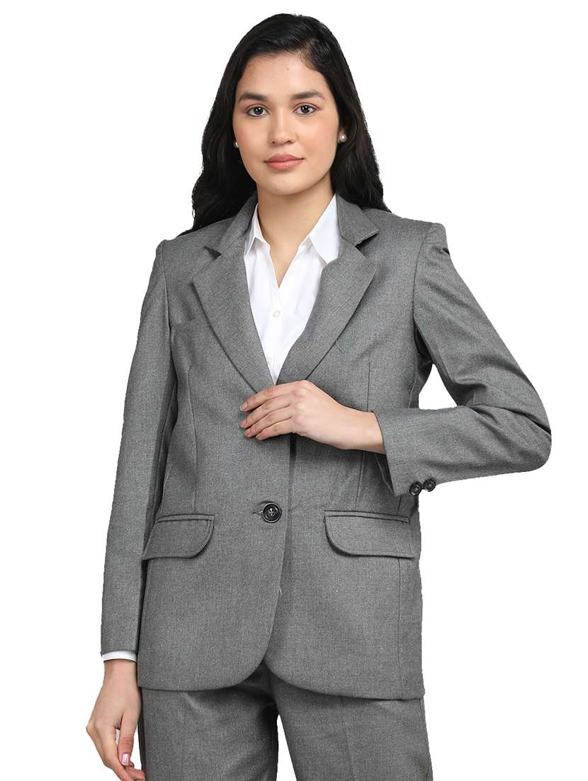 women grey solid full sleeve casual blazer