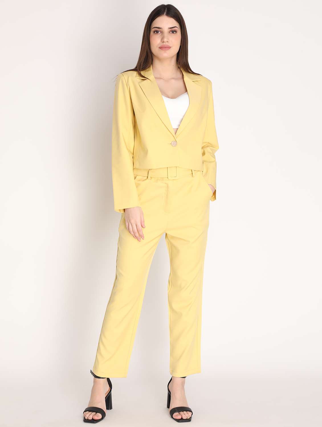 solid yellow casual crop blazer - 20683747 -  Standard Image - 3