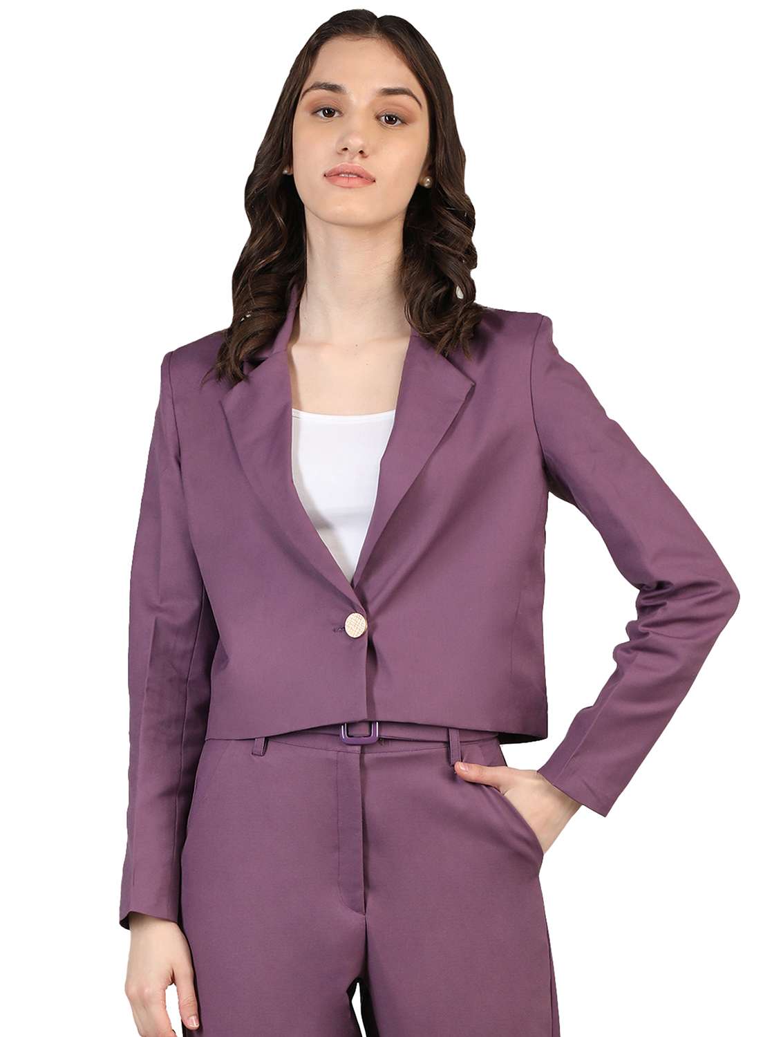 women purple solid full sleeve casual blazer