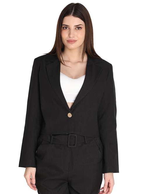 solid black casual crop blazer - 20683760 - Standard Image - 0