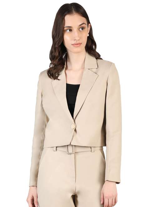 women beige solid full sleeve casual blazer - 20683761 -  Standard Image - 0