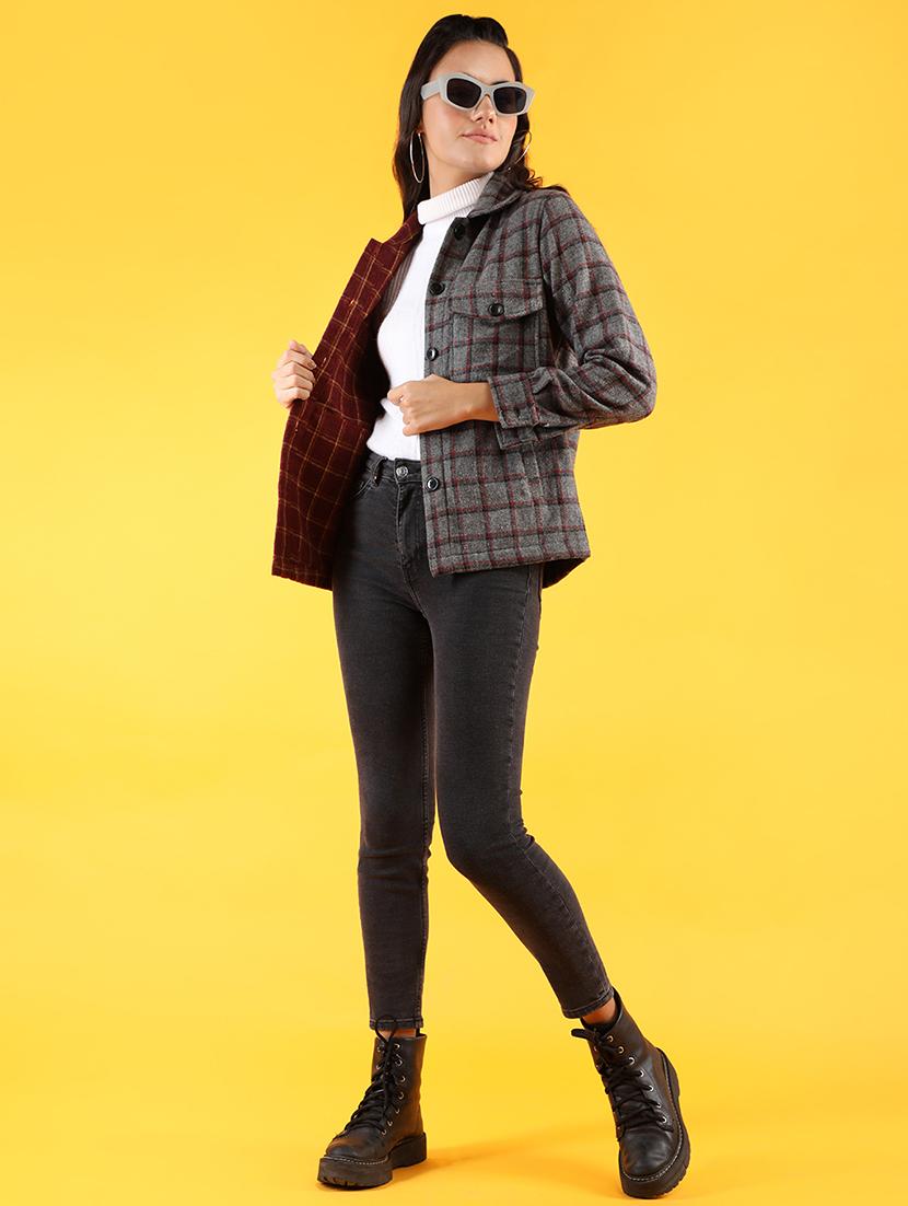 women multi color check printed full sleeve overcoat - 20683823 - Standard Image - 3