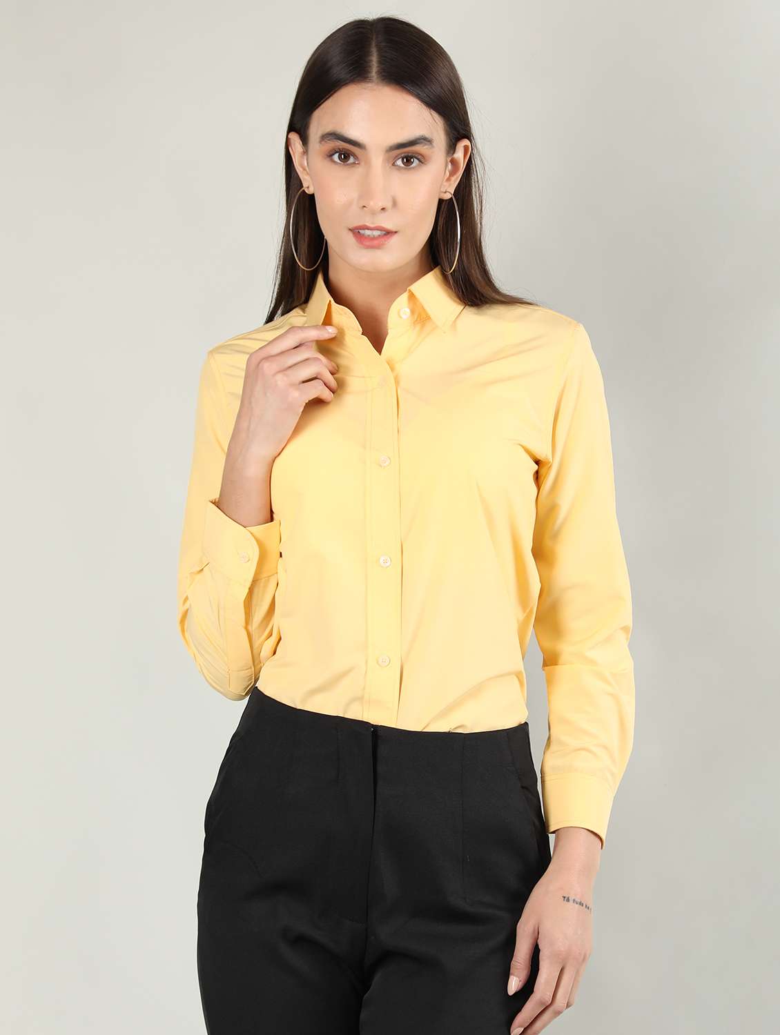 women yellow solid full sleeve regular shirt