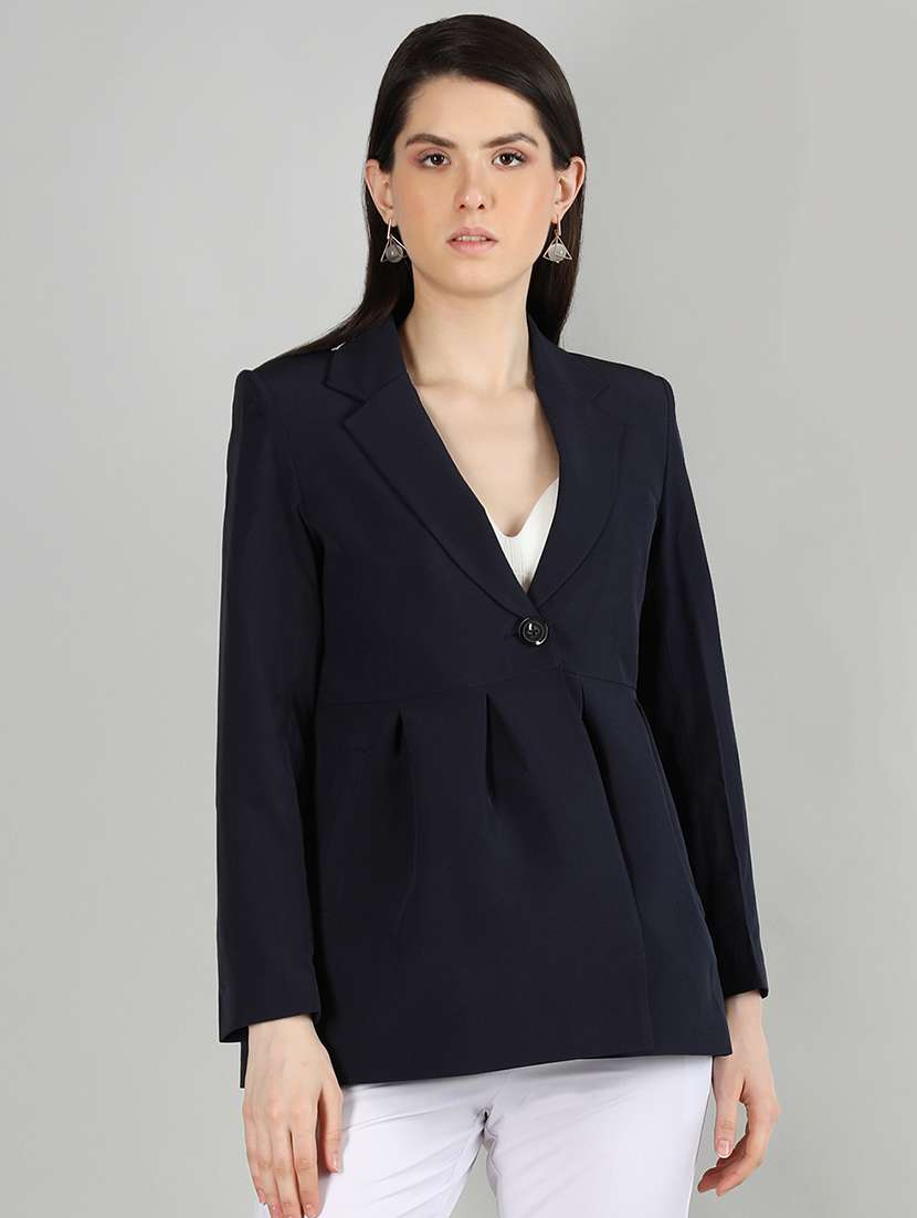 women navy blue solid full sleeve summer jacket