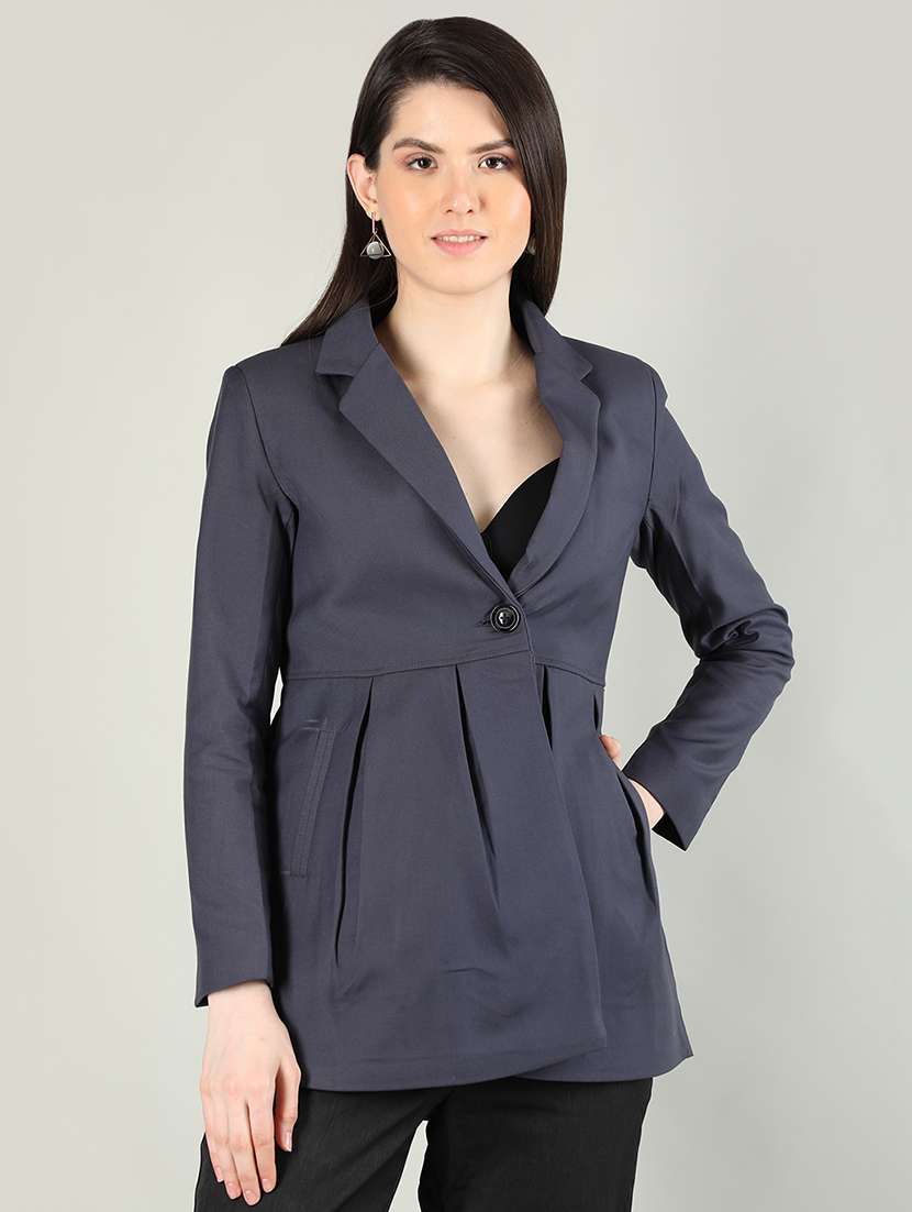 solid grey pleated detailed casual blazer