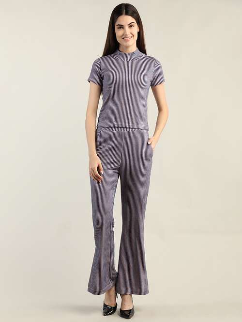 women blue stripes top & mid-rise trouser set - 20683907 -  Standard Image - 0